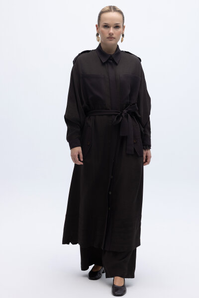 İpek Keten Cepli Uzun Panço Kahverengi - 2