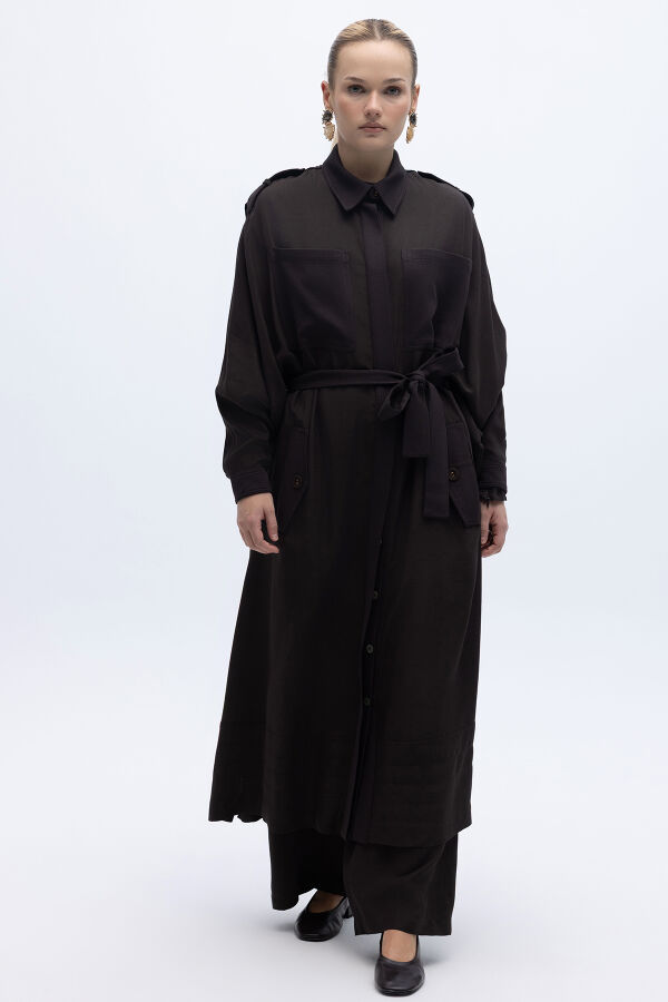 İpek Keten Cepli Uzun Panço Kahverengi - 2