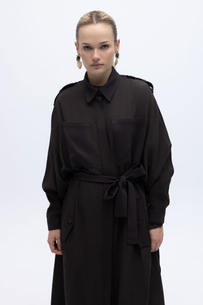 İpek Keten Cepli Uzun Panço Kahverengi - 3