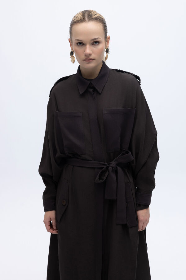 İpek Keten Cepli Uzun Panço Kahverengi - 3