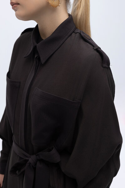 İpek Keten Cepli Uzun Panço Kahverengi - 4