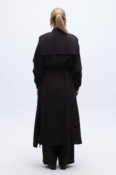 İpek Keten Cepli Uzun Panço Kahverengi - 5