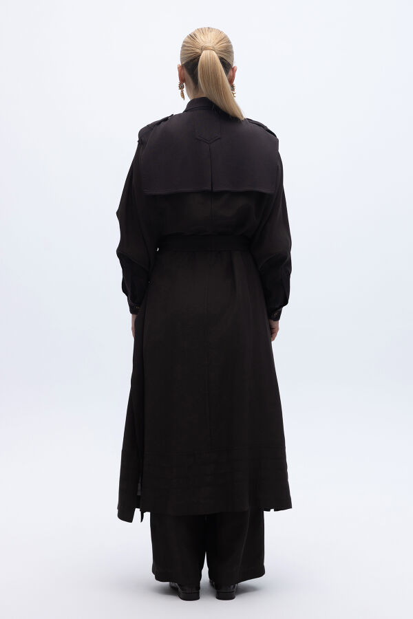 İpek Keten Cepli Uzun Panço Kahverengi - 5