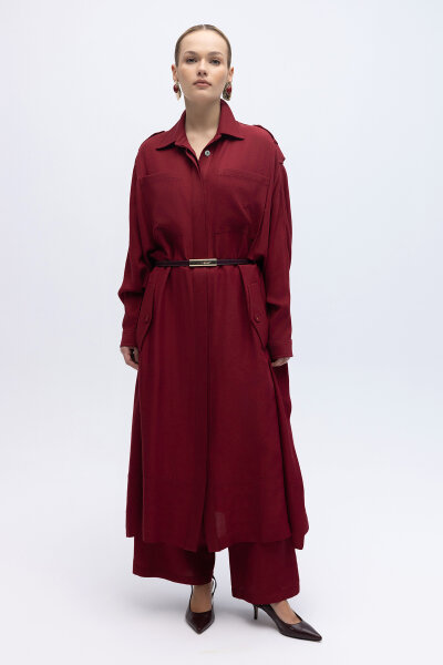 İpek Keten Cepli Uzun Panço Cherry - 1