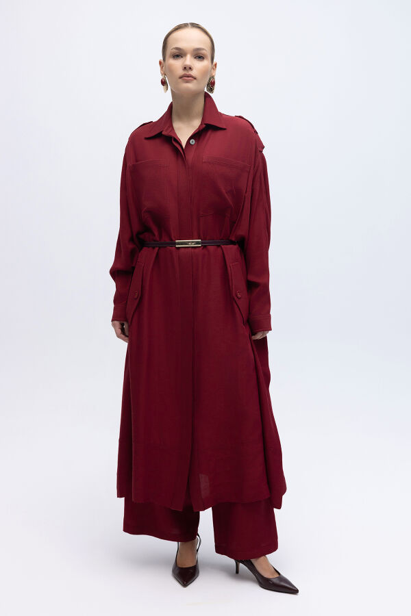 İpek Keten Cepli Uzun Panço Cherry - 1