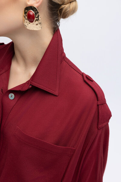 İpek Keten Cepli Uzun Panço Cherry - 2