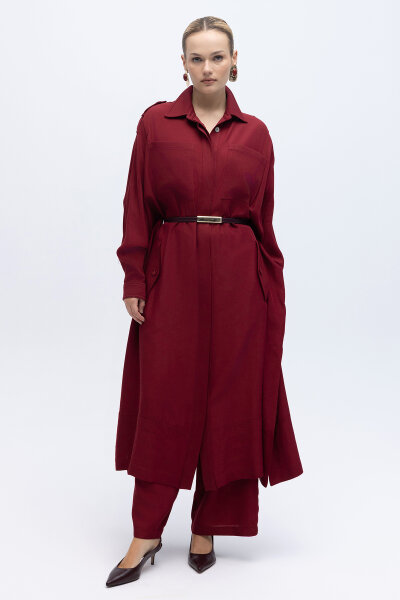 İpek Keten Cepli Uzun Panço Cherry - 3