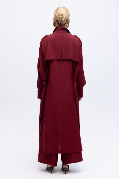 İpek Keten Cepli Uzun Panço Cherry - 4