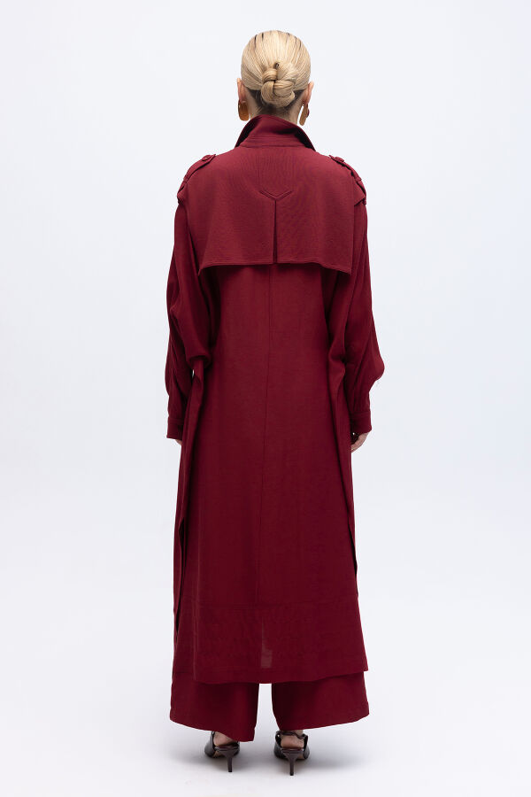 İpek Keten Cepli Uzun Panço Cherry - 4