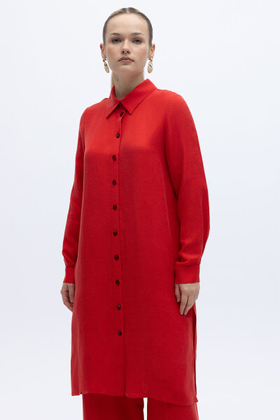 İpek Keten Uzun Gömlek Kırmızı - 1