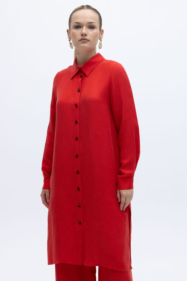 İpek Keten Uzun Gömlek Kırmızı - 1