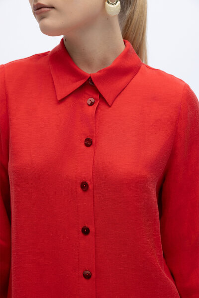 İpek Keten Uzun Gömlek Kırmızı - 3