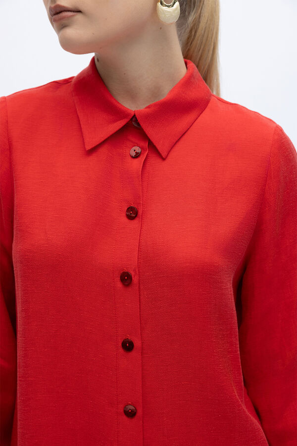 İpek Keten Uzun Gömlek Kırmızı - 3