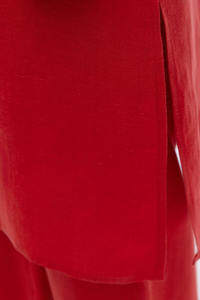 İpek Keten Uzun Gömlek Kırmızı - 4