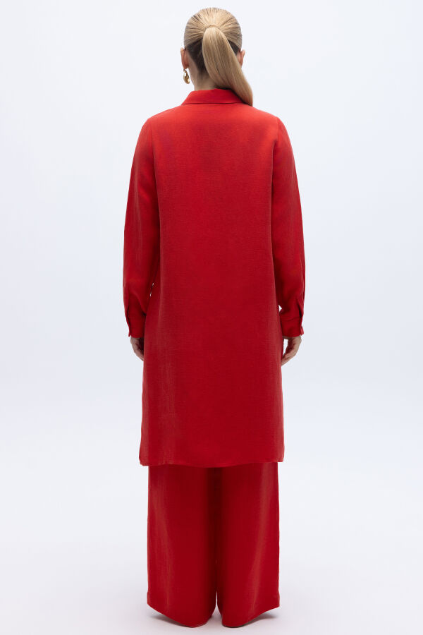 İpek Keten Uzun Gömlek Kırmızı - 5