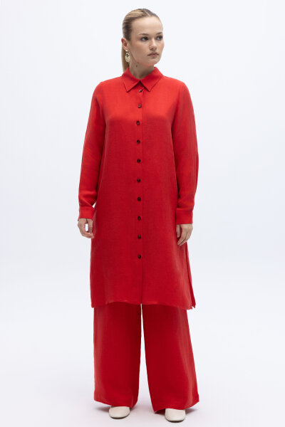 İpek Keten Uzun Gömlek Kırmızı - 6