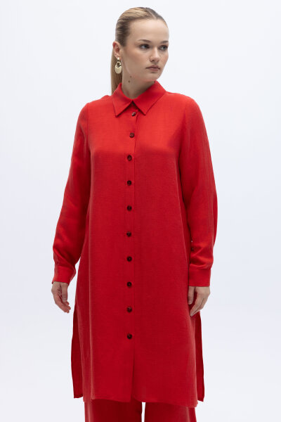 İpek Keten Uzun Gömlek Kırmızı - MISS DALIDA (1)