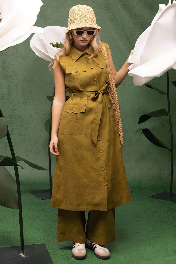 Kargo Cepli Uzun Keten Yelek Amber - 1