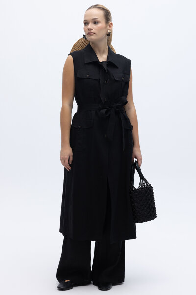 Kargo Cepli Uzun Keten Yelek Siyah 