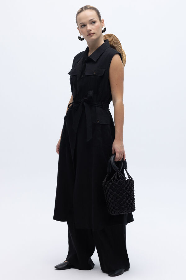 Kargo Cepli Uzun Keten Yelek Siyah - 2