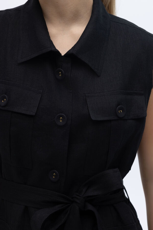 Kargo Cepli Uzun Keten Yelek Siyah - 3