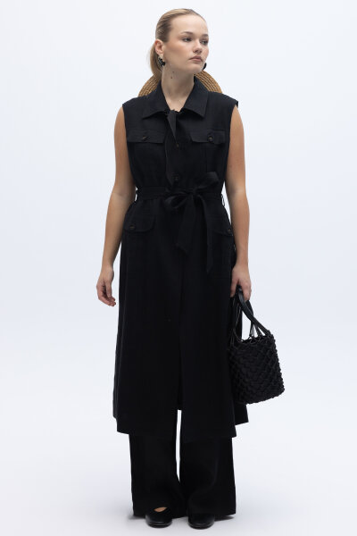 Kargo Cepli Uzun Keten Yelek Siyah - 5