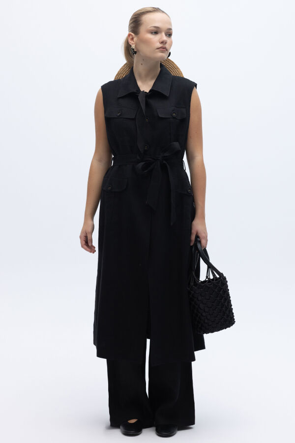 Kargo Cepli Uzun Keten Yelek Siyah - 5