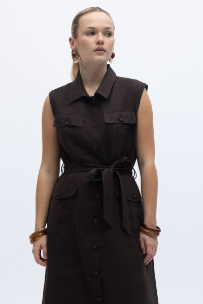 Kargo Cepli Uzun Keten Yelek Kahverengi 