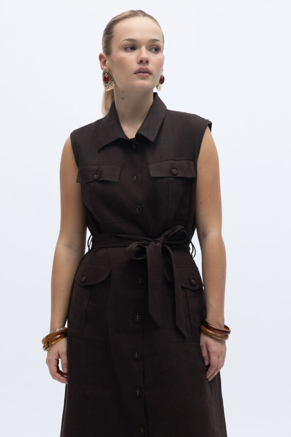 Kargo Cepli Uzun Keten Yelek Kahverengi - 1