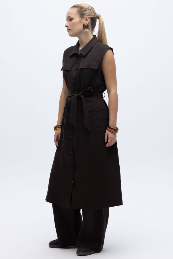 Kargo Cepli Uzun Keten Yelek Kahverengi - 2