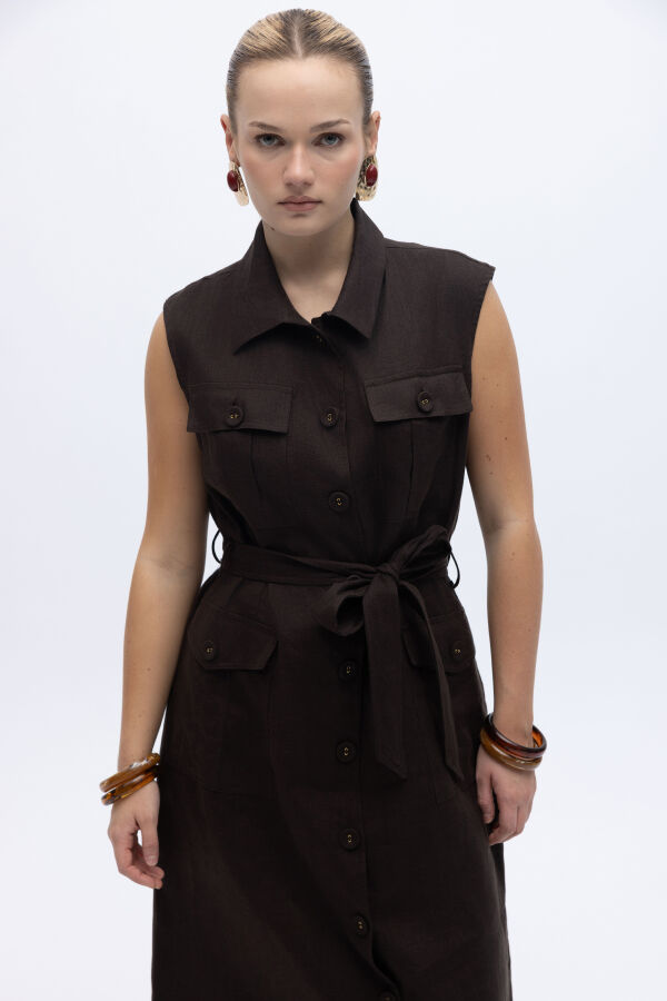 Kargo Cepli Uzun Keten Yelek Kahverengi - 3