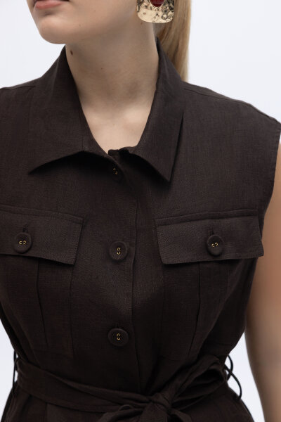 Kargo Cepli Uzun Keten Yelek Kahverengi - 4