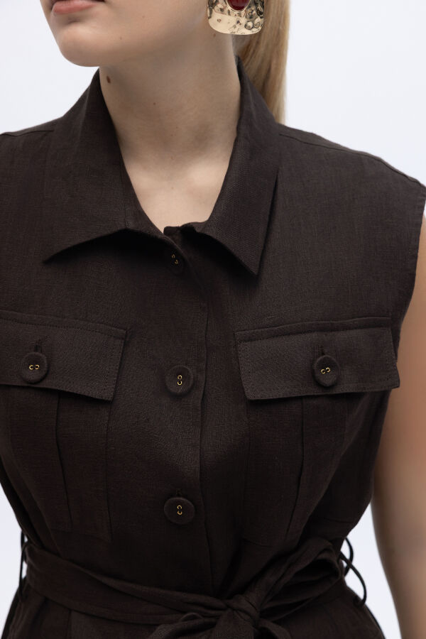 Kargo Cepli Uzun Keten Yelek Kahverengi - 4