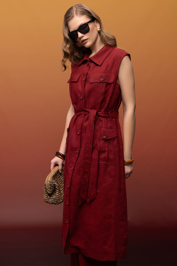 Kargo Cepli Uzun Keten Yelek Cherry - 1