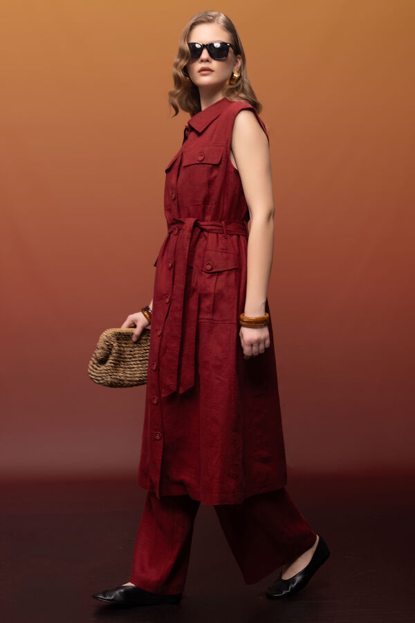 Kargo Cepli Uzun Keten Yelek Cherry - 2