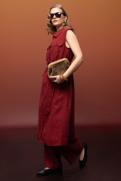 Kargo Cepli Uzun Keten Yelek Cherry - 3