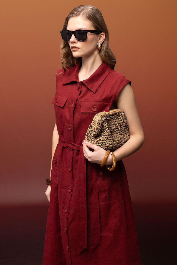 Kargo Cepli Uzun Keten Yelek Cherry - 4