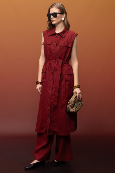 Kargo Cepli Uzun Keten Yelek Cherry - 5