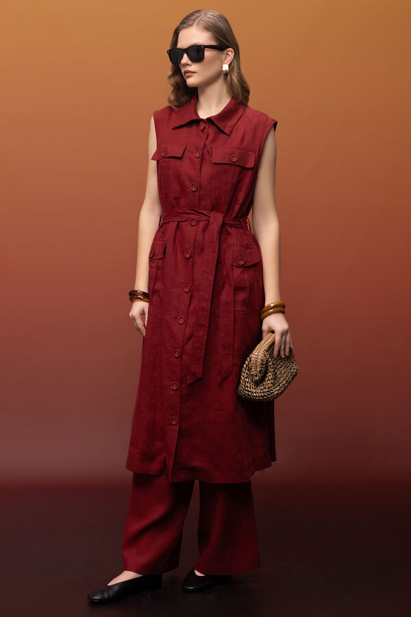 Kargo Cepli Uzun Keten Yelek Cherry - 5