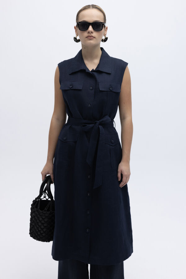 Kargo Cepli Uzun Keten Yelek Lacivert - 1