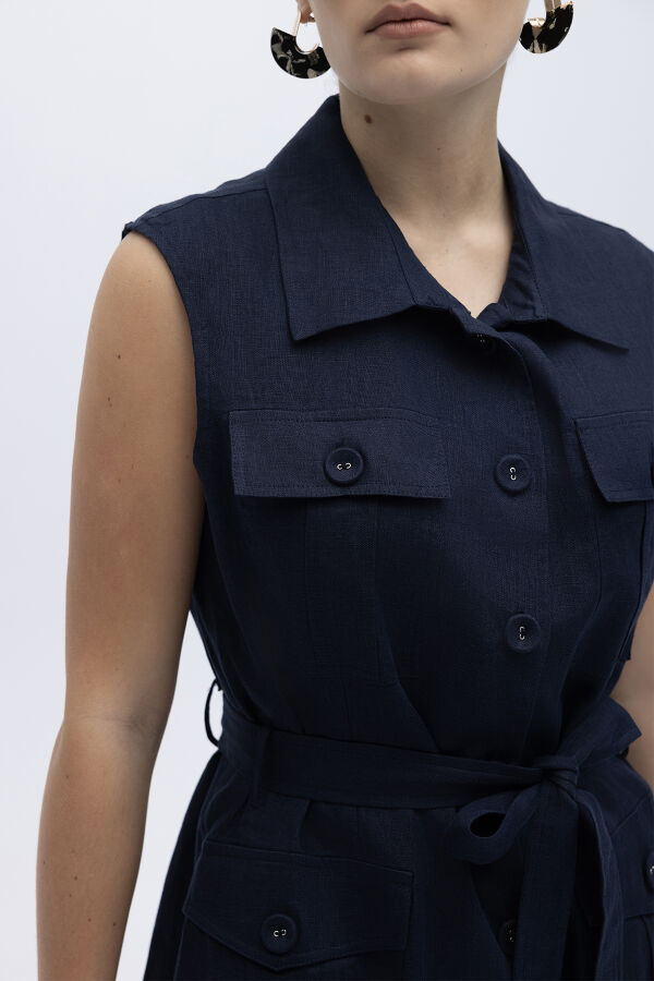 Kargo Cepli Uzun Keten Yelek Lacivert - 2