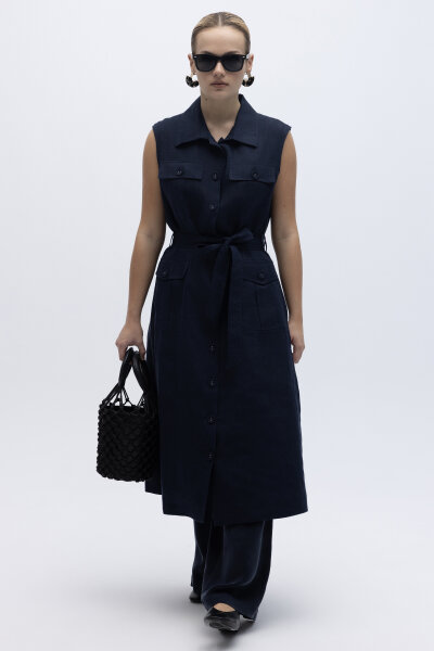 Kargo Cepli Uzun Keten Yelek Lacivert - 3