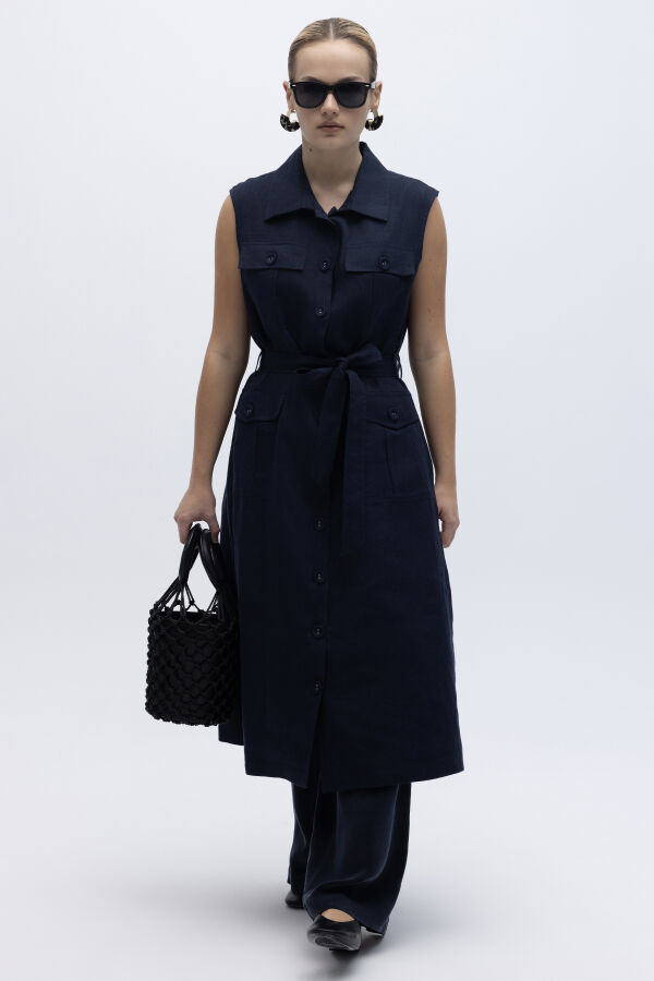 Kargo Cepli Uzun Keten Yelek Lacivert - 3