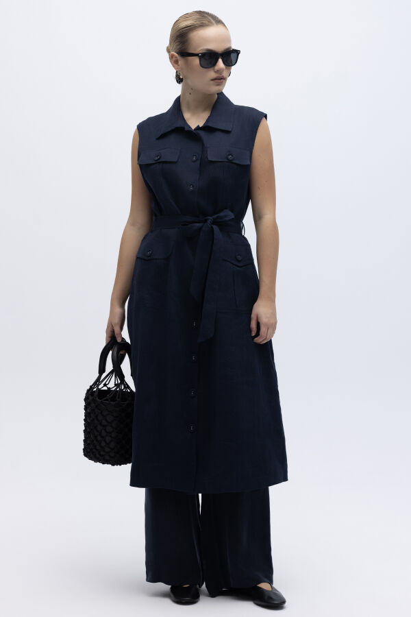 Kargo Cepli Uzun Keten Yelek Lacivert - 5