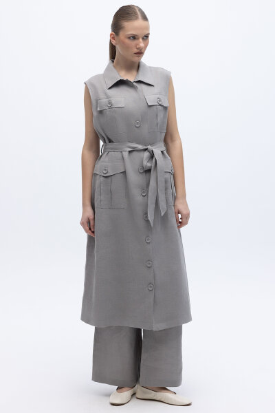 Kargo Cepli Uzun Keten Yelek Gri 