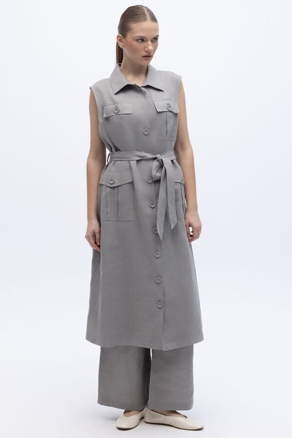 Kargo Cepli Uzun Keten Yelek Gri - 1