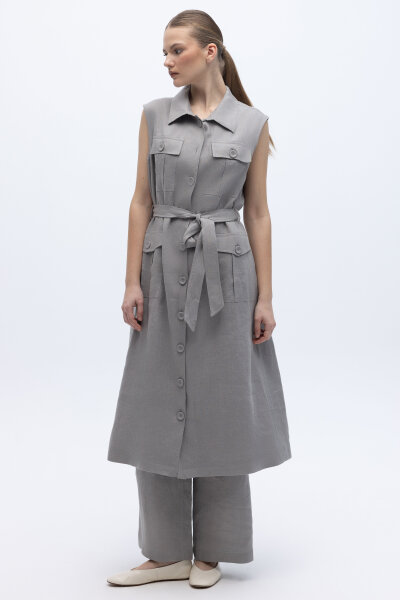 Kargo Cepli Uzun Keten Yelek Gri - 3