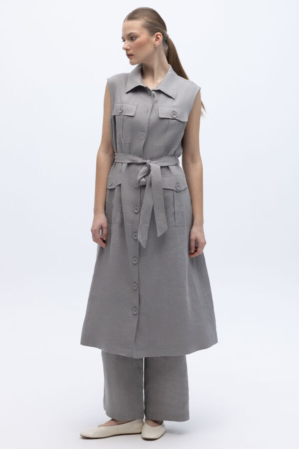 Kargo Cepli Uzun Keten Yelek Gri - 3