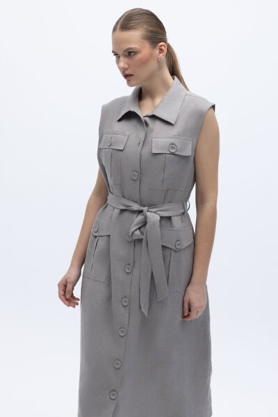 Kargo Cepli Uzun Keten Yelek Gri - 4