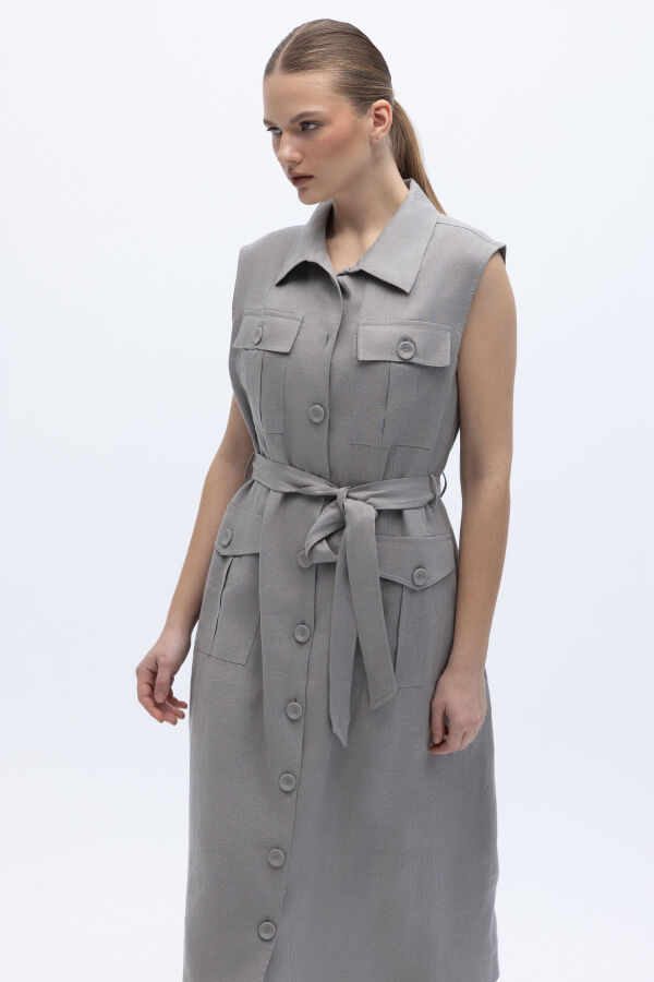 Kargo Cepli Uzun Keten Yelek Gri - 4